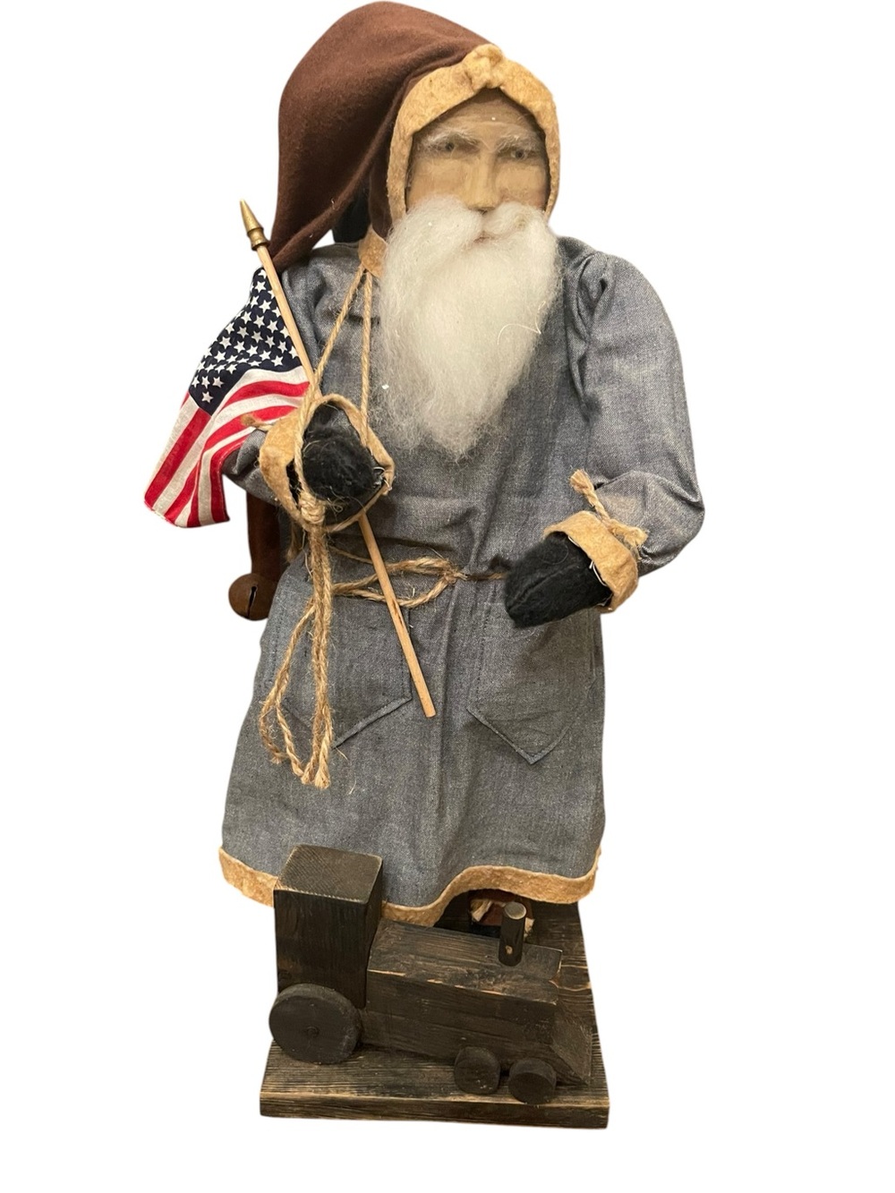 Arnetts Country Store Rustic Santa with Wood Train Flag USA Blue Brown 21”